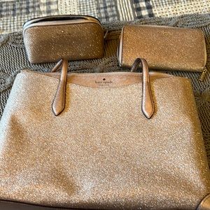 Beautiful Gold Glitter Kate Spade Purse, Wallet, and Makeup Bag. Like New!